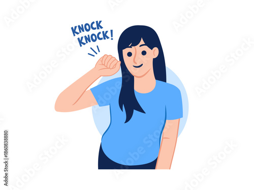 Woman doing knocking hand gesture pretends to knock on a door