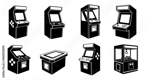 Collection of Vintage Arcade Game Machines and Claw Machine.