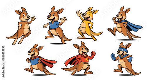 Set of cartoon kangaroos in various poses and costumes.