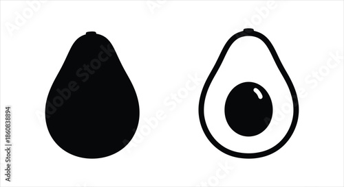 Collection of minimal avocado vector icons, featuring both whole and cut fruit with pit illustration