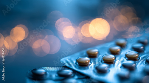 Brown birth control pills in blister packs with a blurred bokeh background, textured surface, glossy finish, and rounded shape