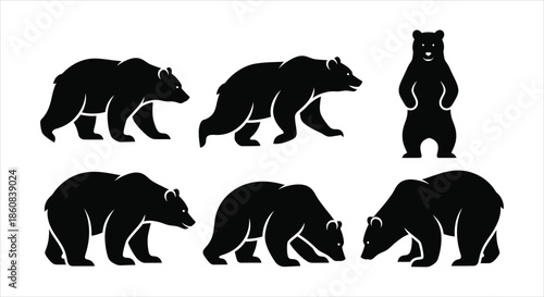 Diverse set of black bear silhouettes showcasing various natural movements and stances