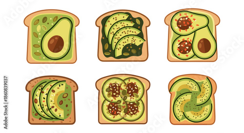 Six Slices of Delicious Avocado Toast Varieties.