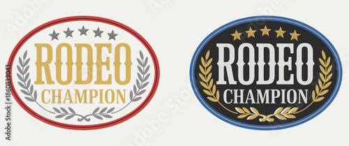 Rodeo Champion cowboy label belt buckle designed in old west cowboy style, with oval emblem vector artwork for western themes, apparel decoration, and classic branding projects