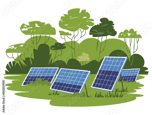 Renewable sustainable photovoltaic solar panels in solar park energy generation eco friendly design concept suitable for environmental artwork and clean green power illustration