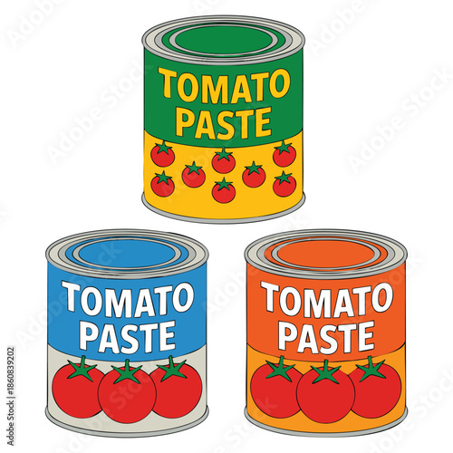 Retro canned food poster featuring tomato paste tin cans cartoon flat icons perfect for pizza pasta ingredient and vintage kitchen themed artwork