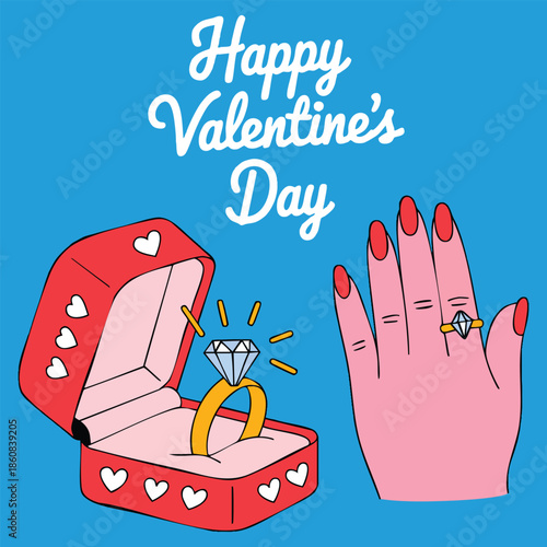 Retro cartoon valentine day vector concept featuring love proposal marriage idea cute valentine gifts and engagement ring in red gift box for romance and commitment artwork