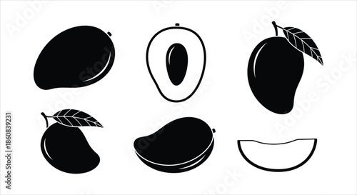 Monochromatic graphic elements featuring fresh mangoes in different visual styles