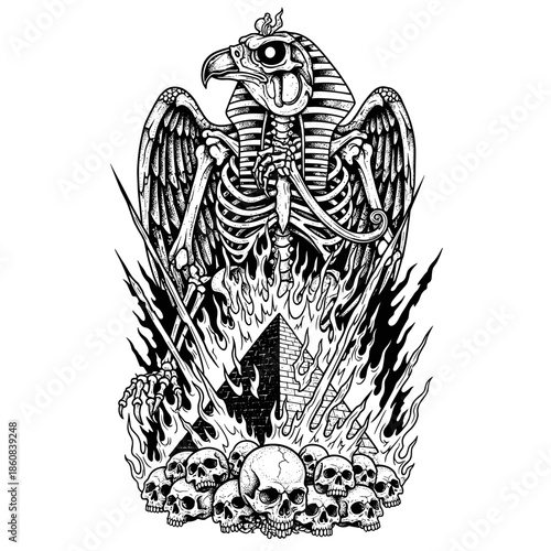 Scary Egyptian Skeleton Bird God with Pyramids and Skulls.