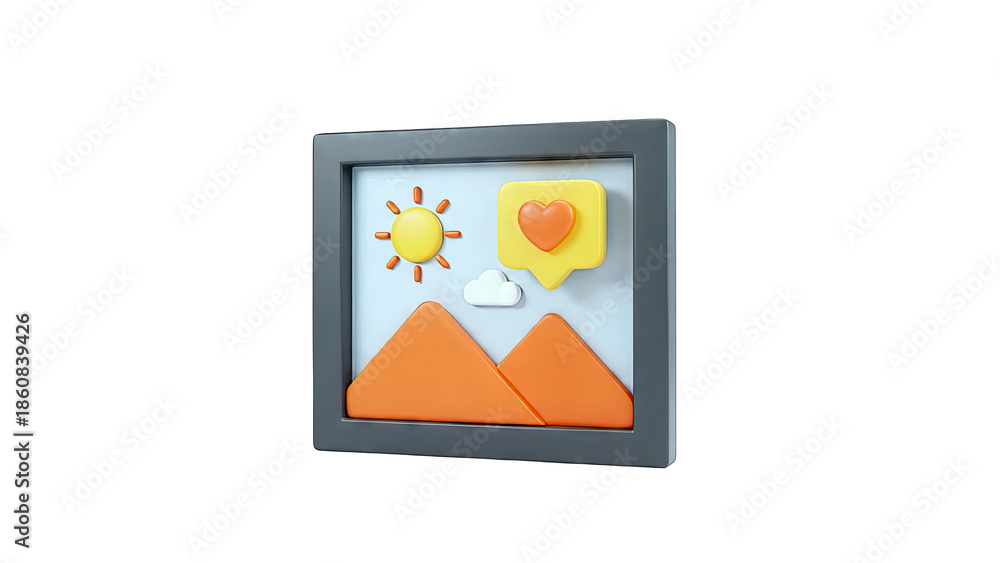 Fototapeta premium 3D Icon of a Framed Landscape with Social Media Like