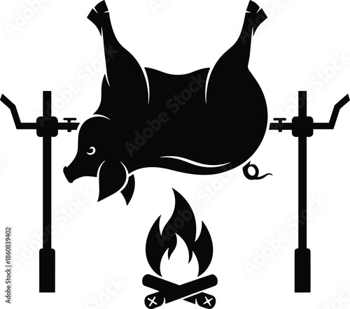 Pig Roasting Silhouette Over Fire with Spit Rod, Traditional Barbecue Icon for Outdoor Cooking, Festive Meat Grill Illustration