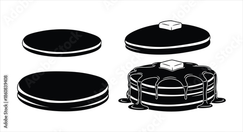 Progressive stages of delicious pancakes with syrup and butter, from single to stacked breakfast delight