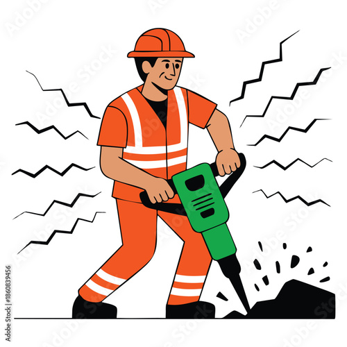 Road construction worker with headphones using jackhammer vector illustration perfect for industrial work site series labor and safety themed designs