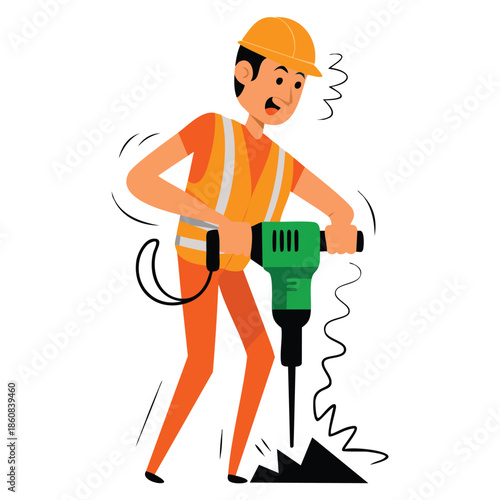 Road worker in headphones working with jackhammer vector illustration part of roadworks construction site series perfect for industrial and worker themed designs