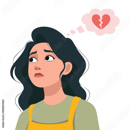 Sad woman with broken heart vector illustration in thought bubble suitable for greeting card social media banner or poster expressing love heartbreak theme