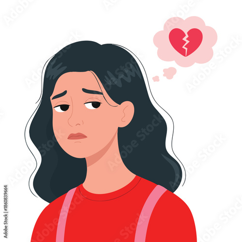 Sad woman with broken heart in thought bubble vector illustration ideal for greeting card social media banner or poster design showing lovesick and emotional theme