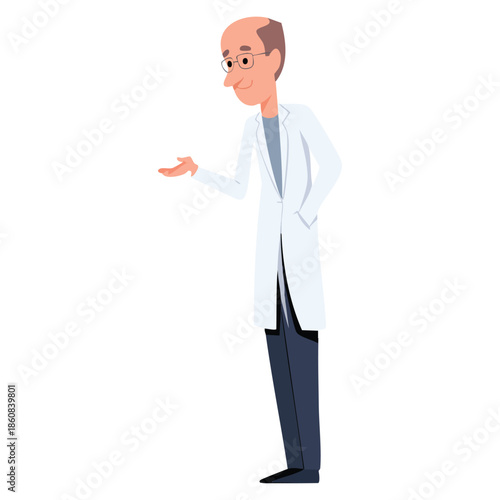 Scientist male character vector illustration wearing white lab coat suitable for scientific research education medical chemistry or laboratory project designs