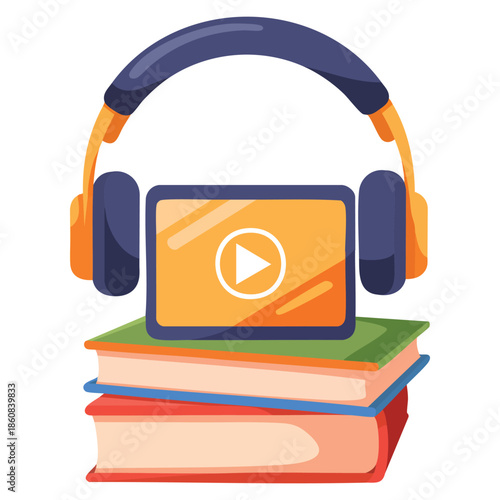 Screen of tablet or smartphone with books and headphones vector illustration representing electronic library distance learning education ideal for logo or app design