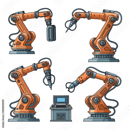 Industrial Robotic Arms Set for Manufacturing and Automation.