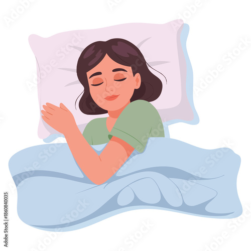 Set of happy people lying with pillows and blankets sleeping alone in beds vector illustration flat style isolated on white background ideal for bedtime