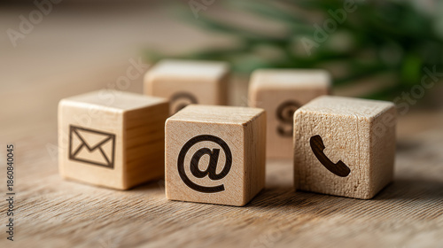 Remote Customer Support Concept with Contact Icons on Wooden Cubes