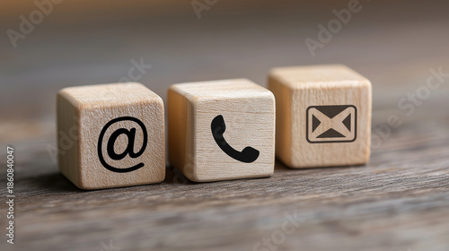 Customer Service Contact Icons on Wood Blocks for Teleworking Business