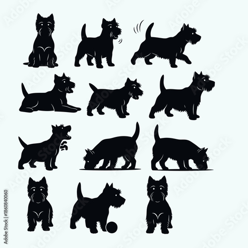 Silhouette Collection of Cairn Terrier Dogs in Various Poses.