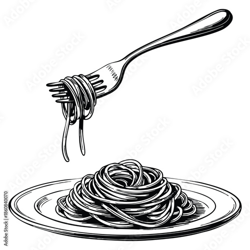 Set of pasta on fork and plate vector illustration spaghetti isolated vintage black design perfect for food menu recipe packaging or culinary themed artwork
