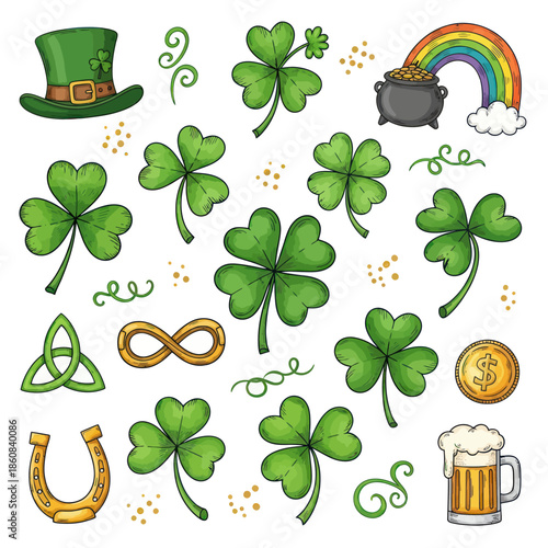 St Patricks Day elements hat shamrocks pot of gold horseshoe beer.