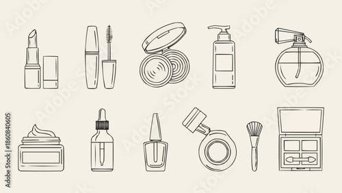 Collection of hand-drawn beauty and cosmetic products in sketch style.