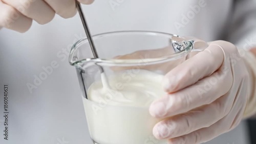 Close-up of gloved hands stirring a white liquid in a glass beaker