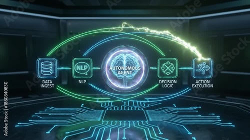 Visualizing the process of an autonomous agent from data ingest to action execution, showcasing AI concepts.