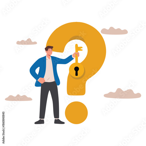 Smart businessman holding golden key vector illustration to unlock answers for problems questions solution reason wisdom understanding or decision making