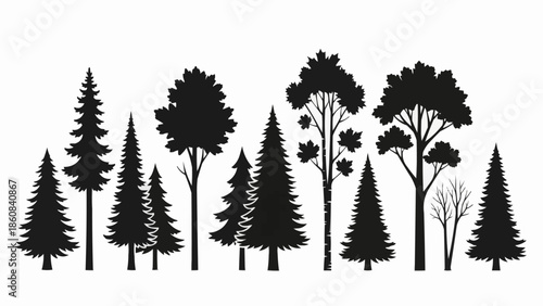 Collection of diverse evergreen and deciduous tree silhouettes.