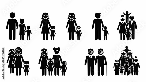 Collection of diverse family silhouette icons representing different family structures.
