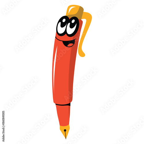 Smiling cartoon red pen comic character vector illustration humanized pen with funny face perfect for stationary cartoon education or playful creative design themes
