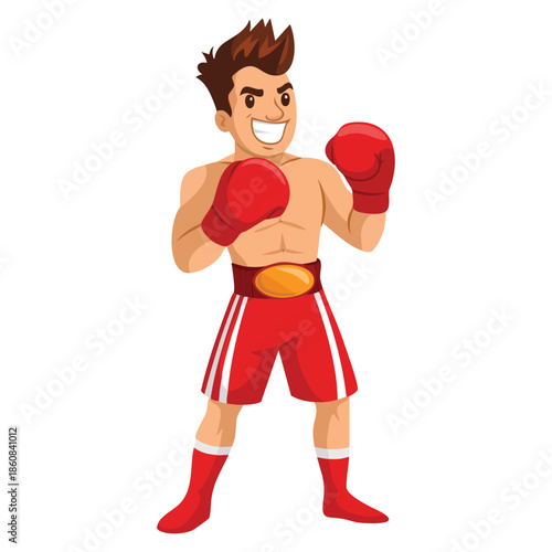 Smiling caucasian white boxer in red boxing gloves training during fitness workout male boxer exercising square layout vector cartoon illustration isolated on white background