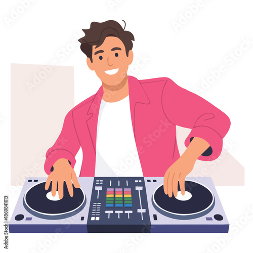 Smiling male DJ playing music at console mixer cartoon vector illustration. Man musician in headphones mixing audio sounds on deck design element