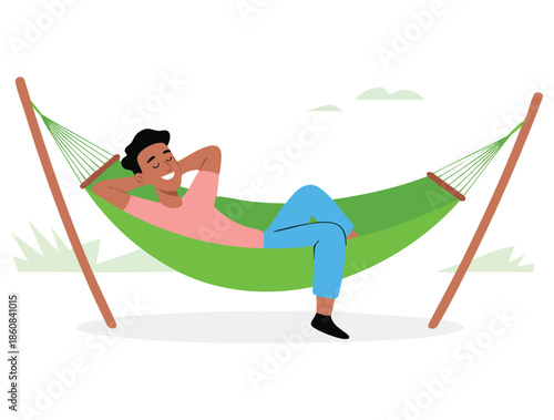 Smiling male lying in hammock and sleeping vector illustration perfect for relaxation summer leisure outdoor nature or vacation themed artwork