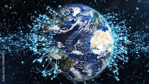 A planet with flowing blue energy streams and scattered light particles