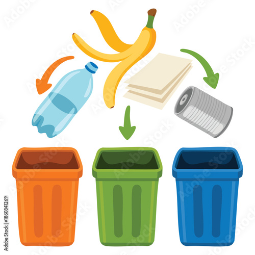 Sorting waste for recycling segregation and separation garbage disposal bins flat vector illustration ideal for environmental awareness and sustainability education