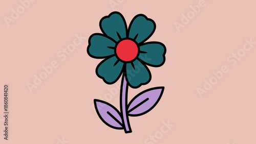 Stylized Teal Flower with Red Center and Purple Stem.
