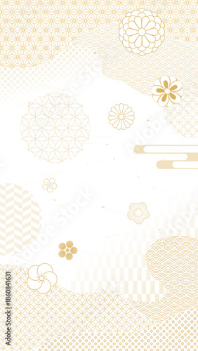 金色の和風の背景／和柄と花