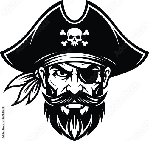 Pirate Head Vector Mascot Illustration. Black and White Portrait of a Bearded Buccaneer with Eyepatch and Skull Hat.