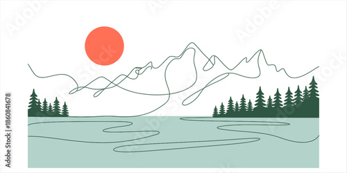 Minimalist continuous line art illustration of a serene mountain landscape Vector, illustration