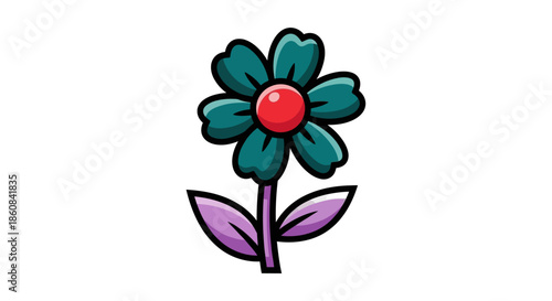 Stylized Teal Flower with Red Center and Purple Leaves Illustration.