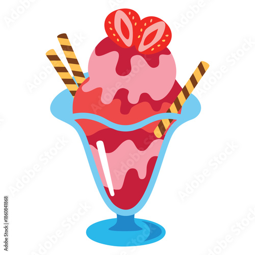 Strawberry ice cream sundae with whipped cream and fresh strawberries on top vector icon isolated on white background with pink ice cream cup and wafer drawing
