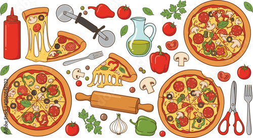 Pizza Preparation Icon Set with Toppings, Slices, Ingredients, and Kitchen Tools for Culinary, Menu, and Food Design Themes