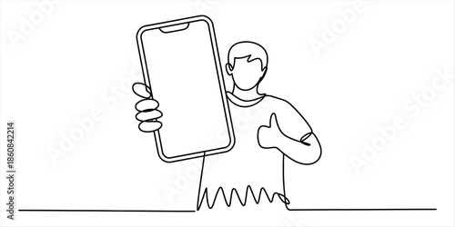 Man giving thumbs up and holding smartphone in continuous line art style Vector, illustration