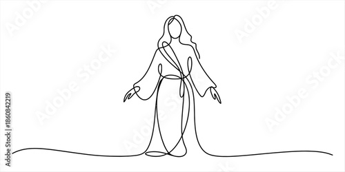 Continuous line art drawing depicting jesus christ or a religious figure with outstretched arms Vector, illustration